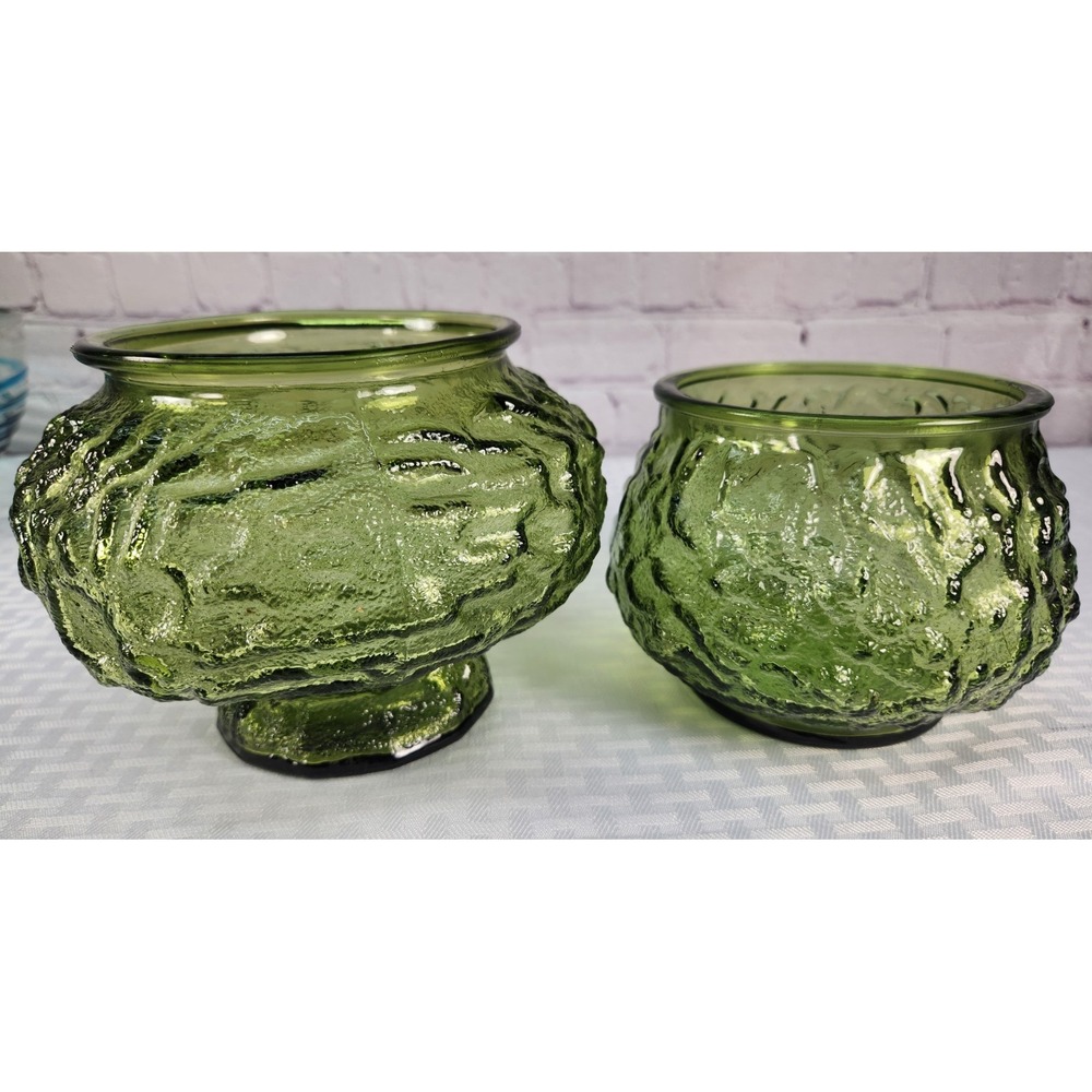 Set Of 2 Vintage E. O. Brody Green Crinkle Glass Vases Bowls / Planters We